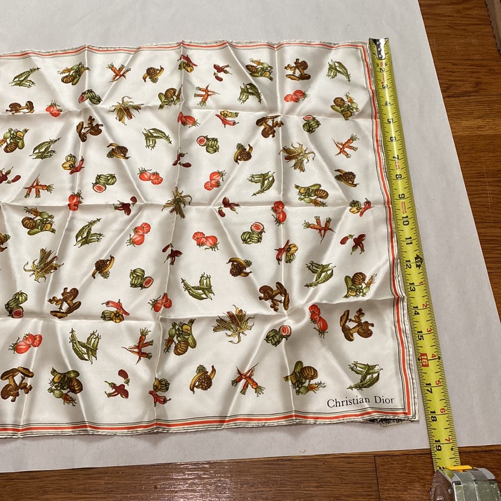Dior Cream Silk Scarf with Red and Green Botanical Motif - Picture 9 of 10